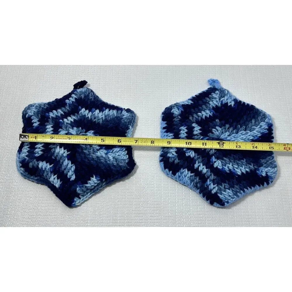 Hand Crocheted Double Thick Hot Pad Pot Holder Pair blue shades‎ VTG Granny Core